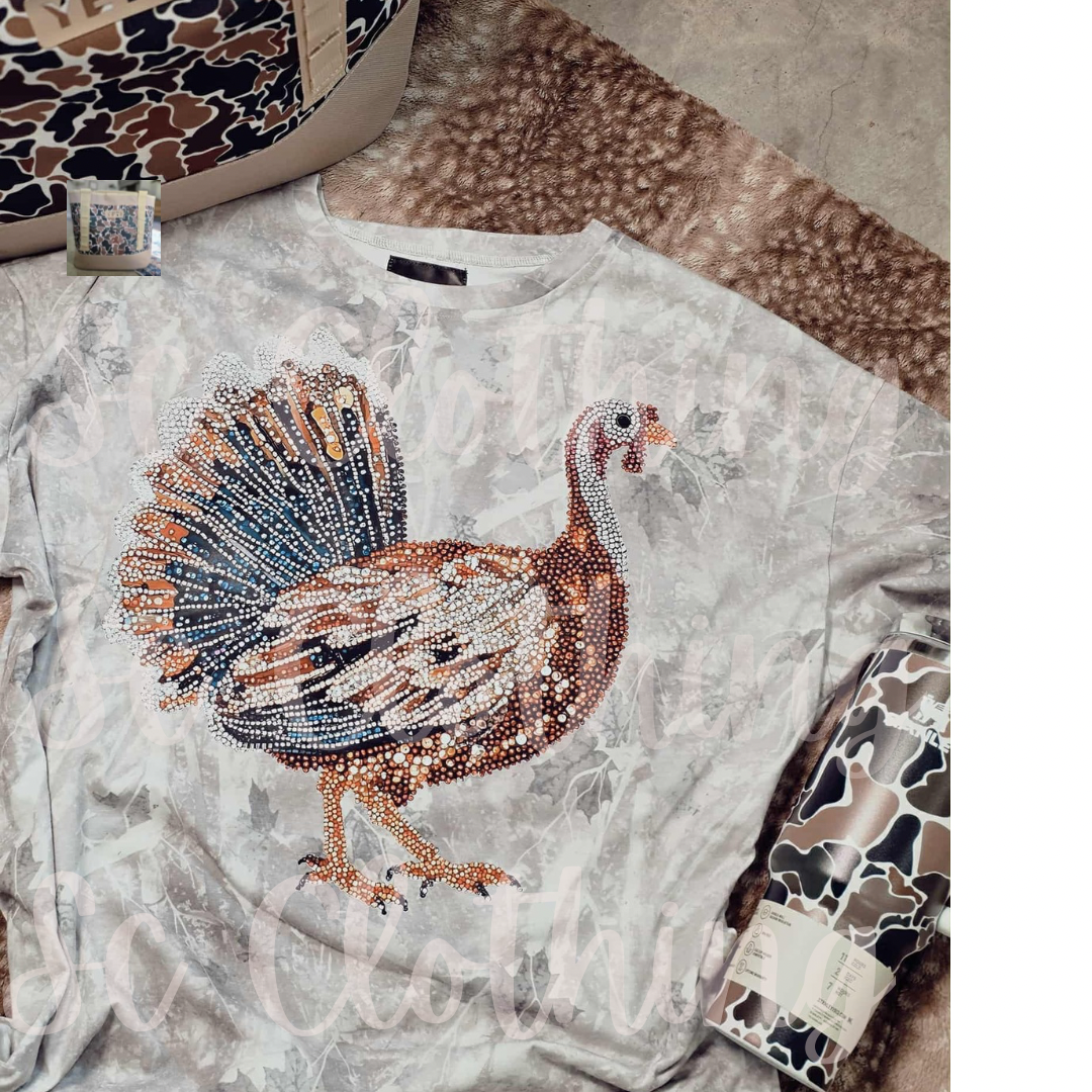 White Wash Camo Faux Rhinestone Turkey Tee